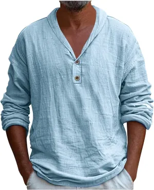 Linen Shirt Men Long Sleeve Casual Beach Button Up Summer Holiday Top Hippie Loose Fit V Neck Tee Tops 2025