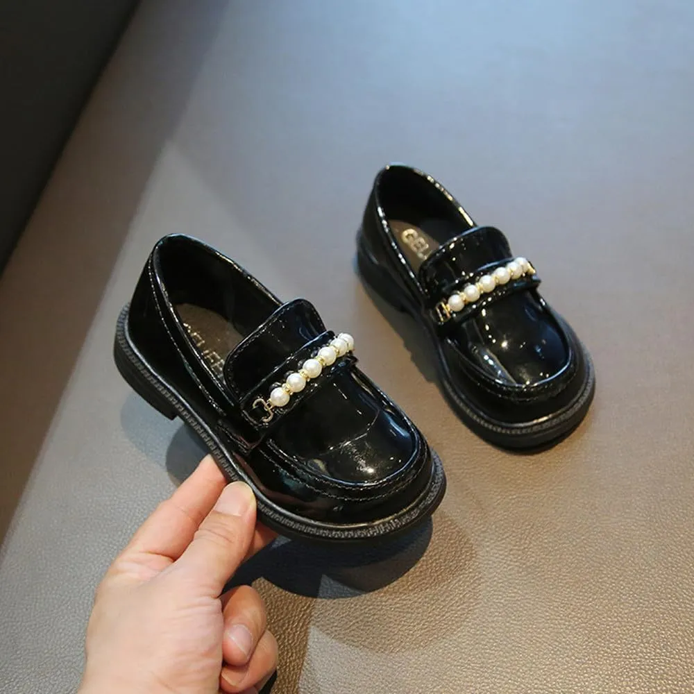 Little Girls Patent Leather Oxford Slip-On Penny Loafer Rhinestones Pearls Flats Black White School Uniform Dress Shoes for Toddlers/Little Girls