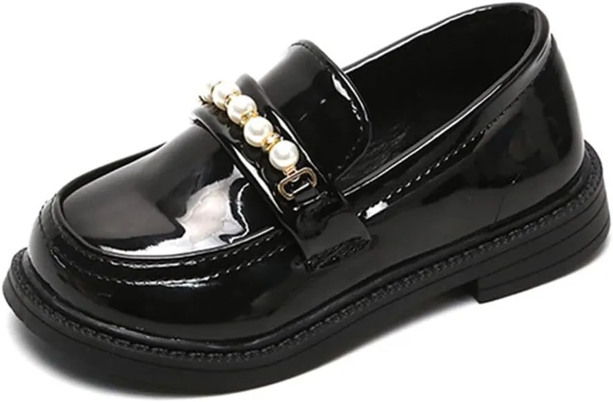 Little Girls Patent Leather Oxford Slip-On Penny Loafer Rhinestones Pearls Flats Black White School Uniform Dress Shoes for Toddlers/Little Girls