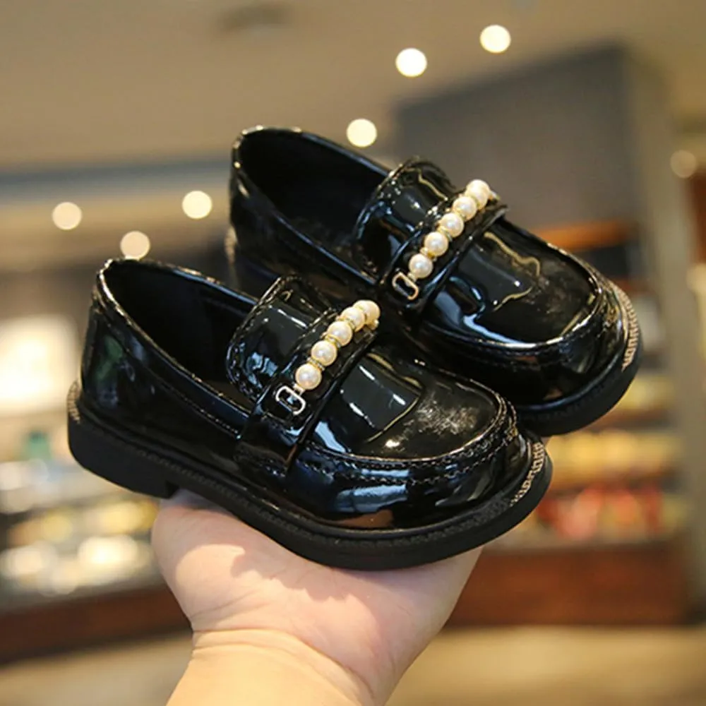 Little Girls Patent Leather Oxford Slip-On Penny Loafer Rhinestones Pearls Flats Black White School Uniform Dress Shoes for Toddlers/Little Girls
