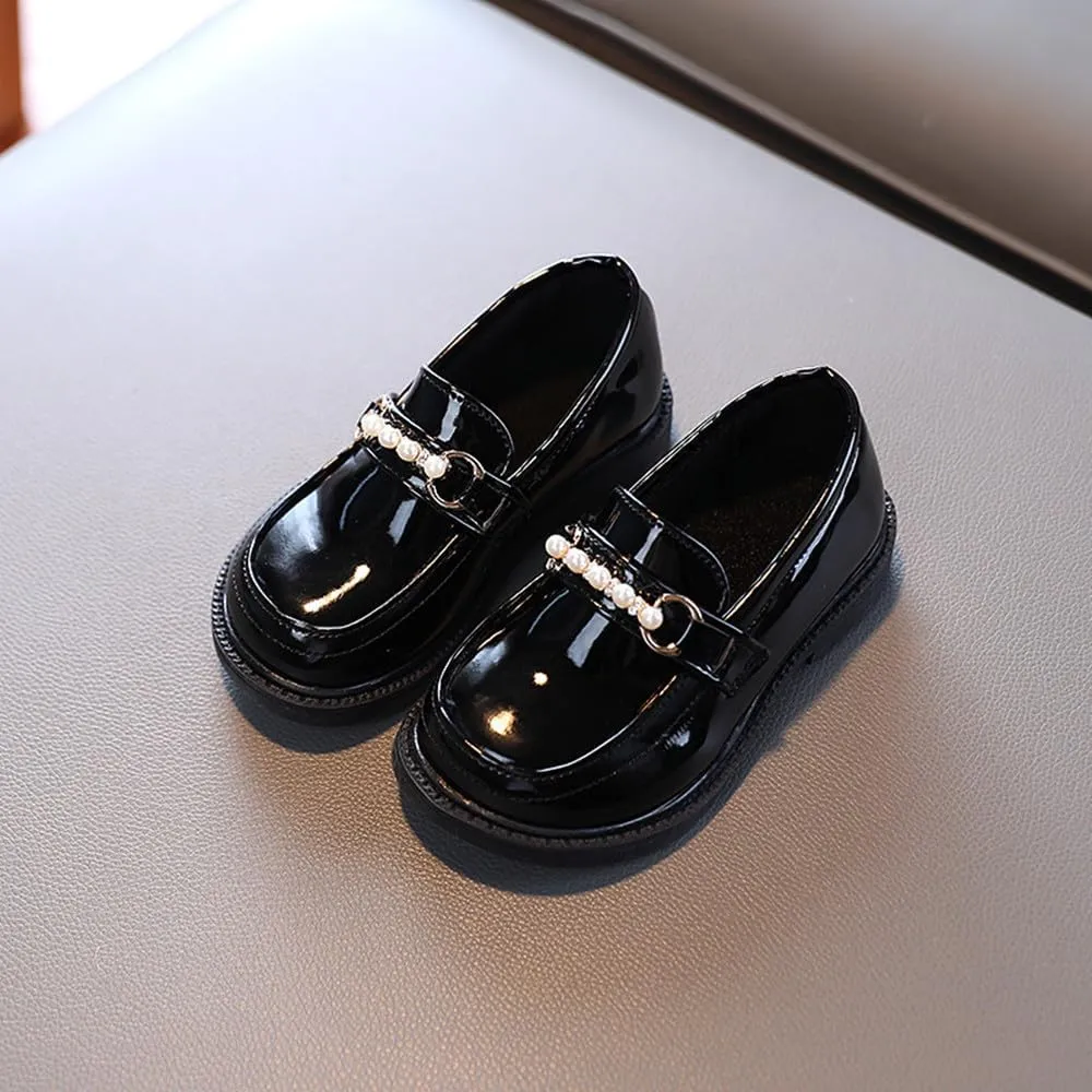 Little Girls Patent Leather Oxford Slip-On Penny Loafer Rhinestones Pearls Flats Black White School Uniform Dress Shoes for Toddlers/Little Girls