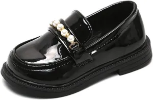Little Girls Patent Leather Oxford Slip-On Penny Loafer Rhinestones Pearls Flats Black White School Uniform Dress Shoes for Toddlers/Little Girls