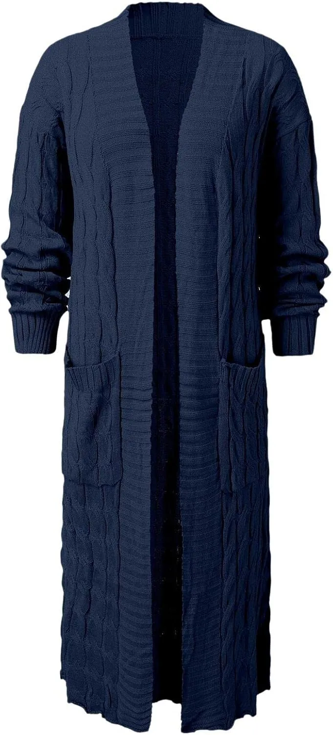 Long Cardigan for Women Long Sleeve Cable Knit Loose Plain Fall Winter Trench Coat with Pocket Autumn Ankle Length