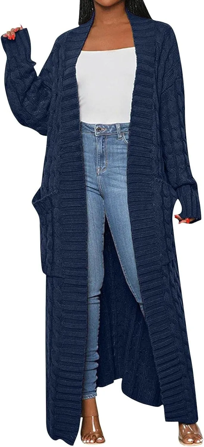 Long Cardigan for Women Long Sleeve Cable Knit Loose Plain Fall Winter Trench Coat with Pocket Autumn Ankle Length