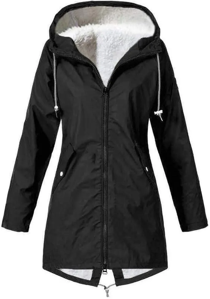Long Hooded Raincoat Women Waterproof Long Hooded Trench Coat Fleece Lined Windbreaker Climbing Travel Outdoor Jacket