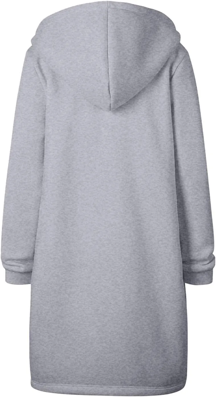 Long Jacket for Women Long Sleeve V Neck Full Zip Up Plain Trench Hooded Coat with Pocket Casual Knee Length Autumn Winter