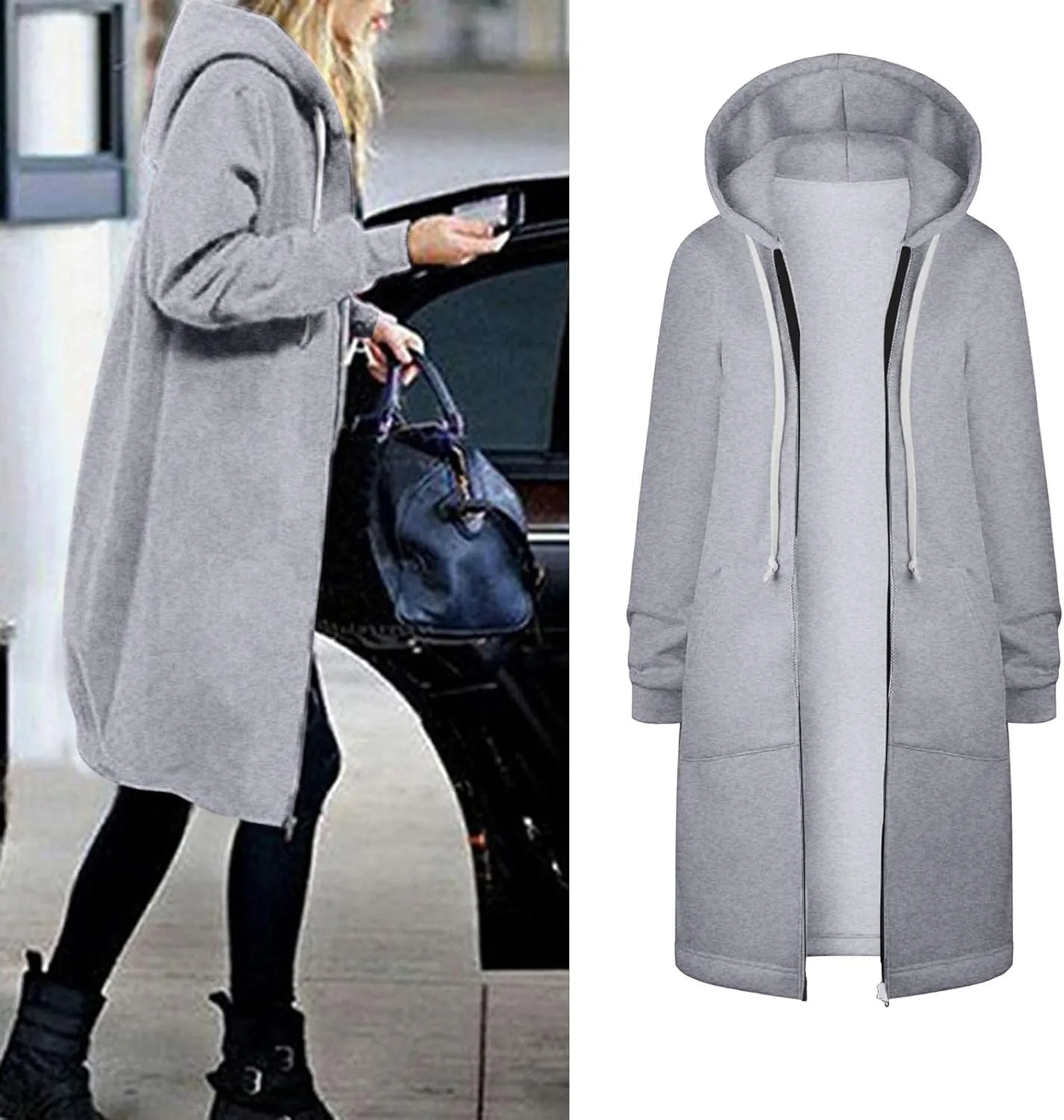 Long Jacket for Women Long Sleeve V Neck Full Zip Up Plain Trench Hooded Coat with Pocket Casual Knee Length Autumn Winter