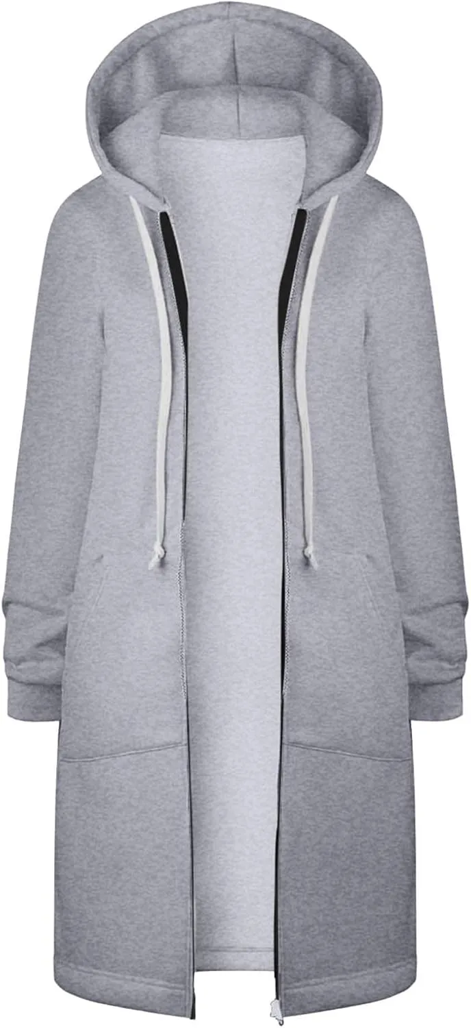 Long Jacket for Women Long Sleeve V Neck Full Zip Up Plain Trench Hooded Coat with Pocket Casual Knee Length Autumn Winter