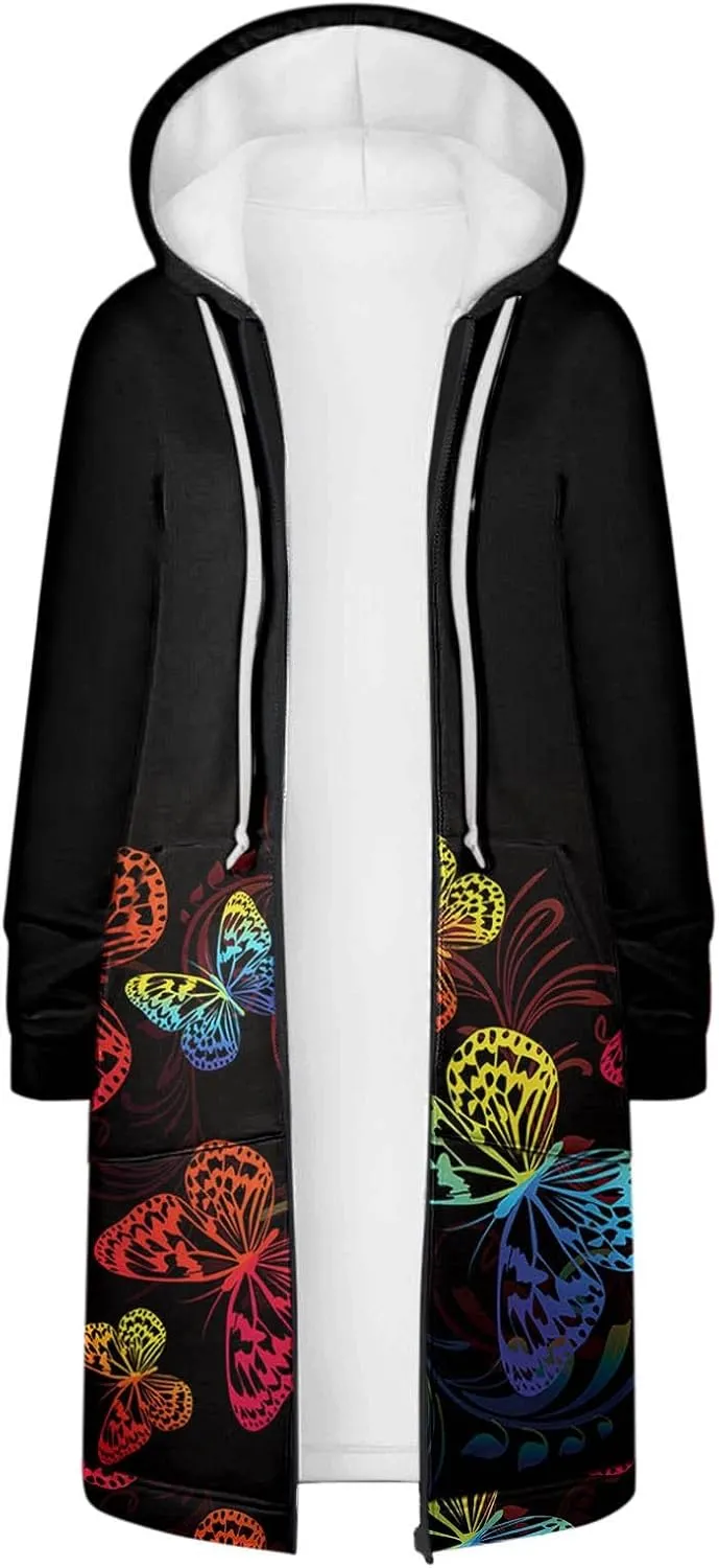 Long Jacket for Women Long Sleeve V Neck Full Zip Up Printed Trench Hooded Coat with Pocket Drawstring Trendy Casual Winter