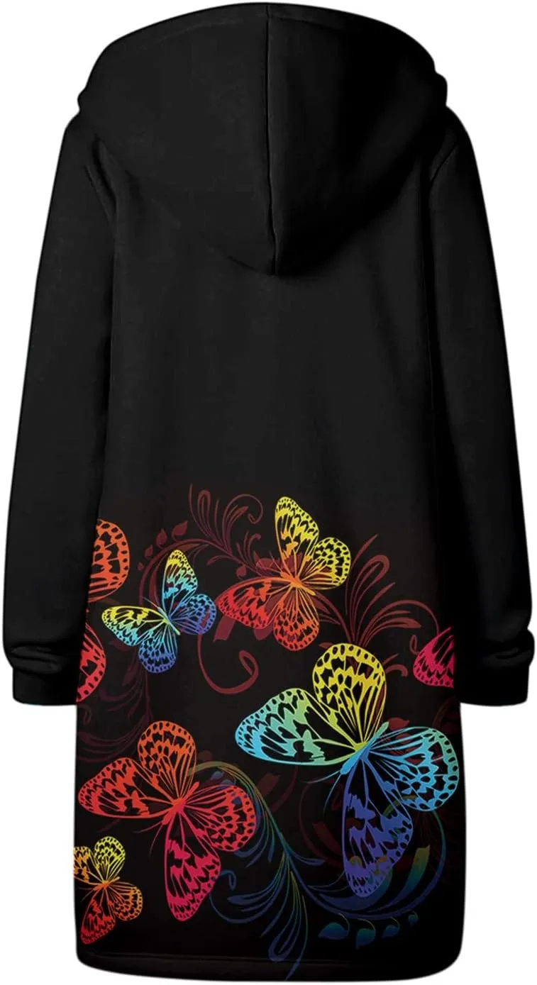 Long Jacket for Women Long Sleeve V Neck Full Zip Up Printed Trench Hooded Coat with Pocket Drawstring Trendy Casual Winter