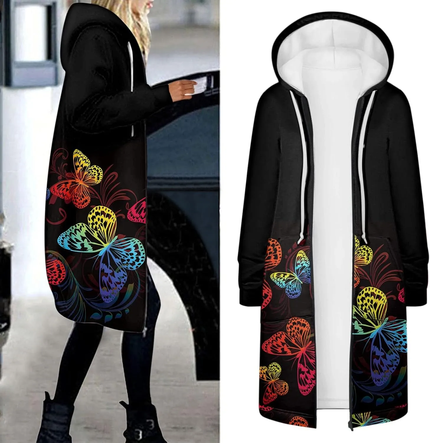 Long Jacket for Women Long Sleeve V Neck Full Zip Up Printed Trench Hooded Coat with Pocket Drawstring Trendy Casual Winter