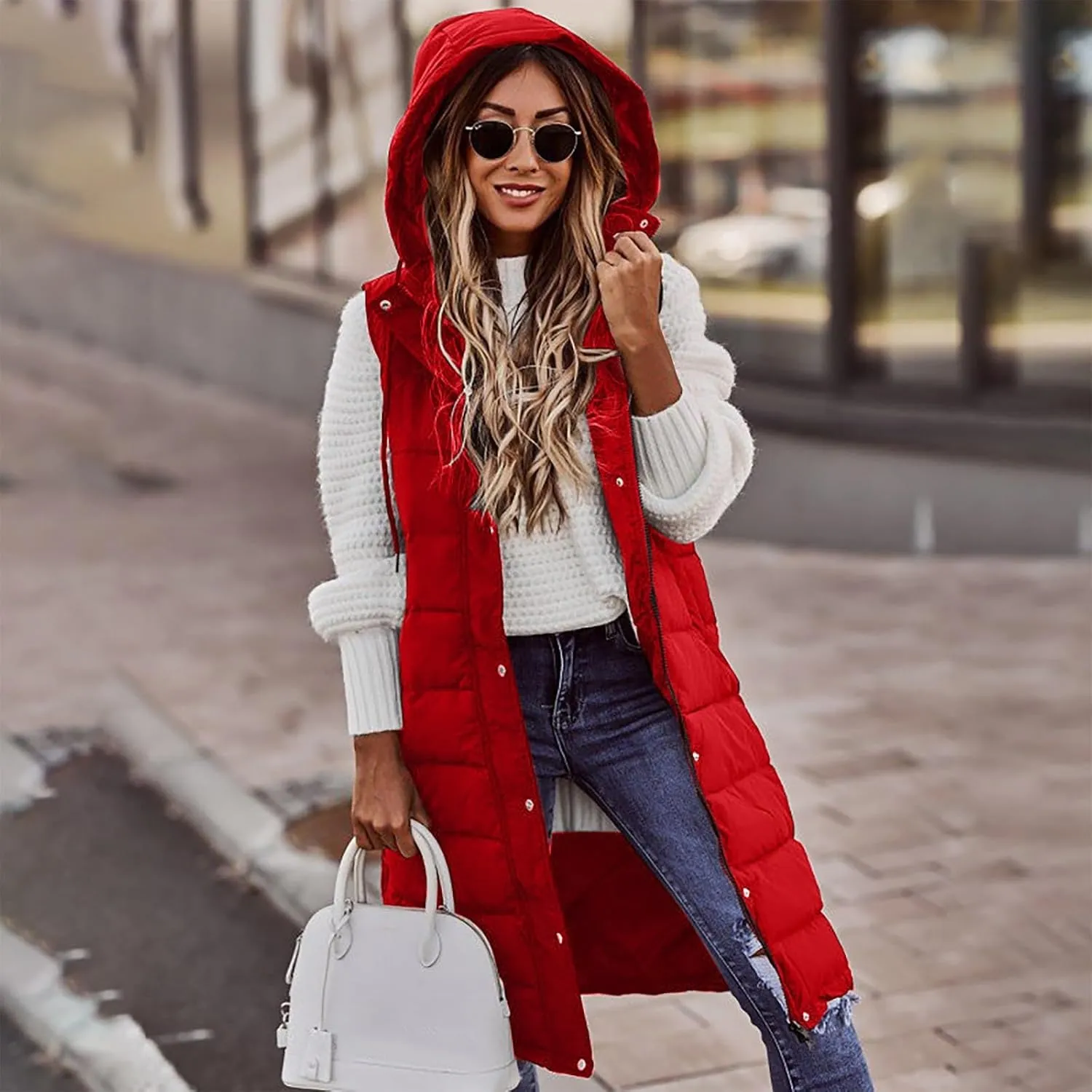 Long Vest for Women Sleeveless Women's Long Puffer Vest Winter Quilted Hooded Sleeveless Zip Up Button Long Jacket Vest