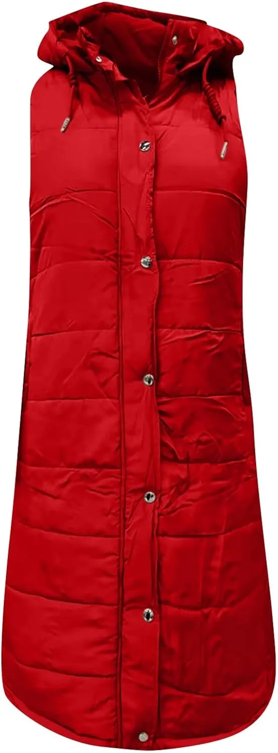 Long Vest for Women Sleeveless Women's Long Puffer Vest Winter Quilted Hooded Sleeveless Zip Up Button Long Jacket Vest