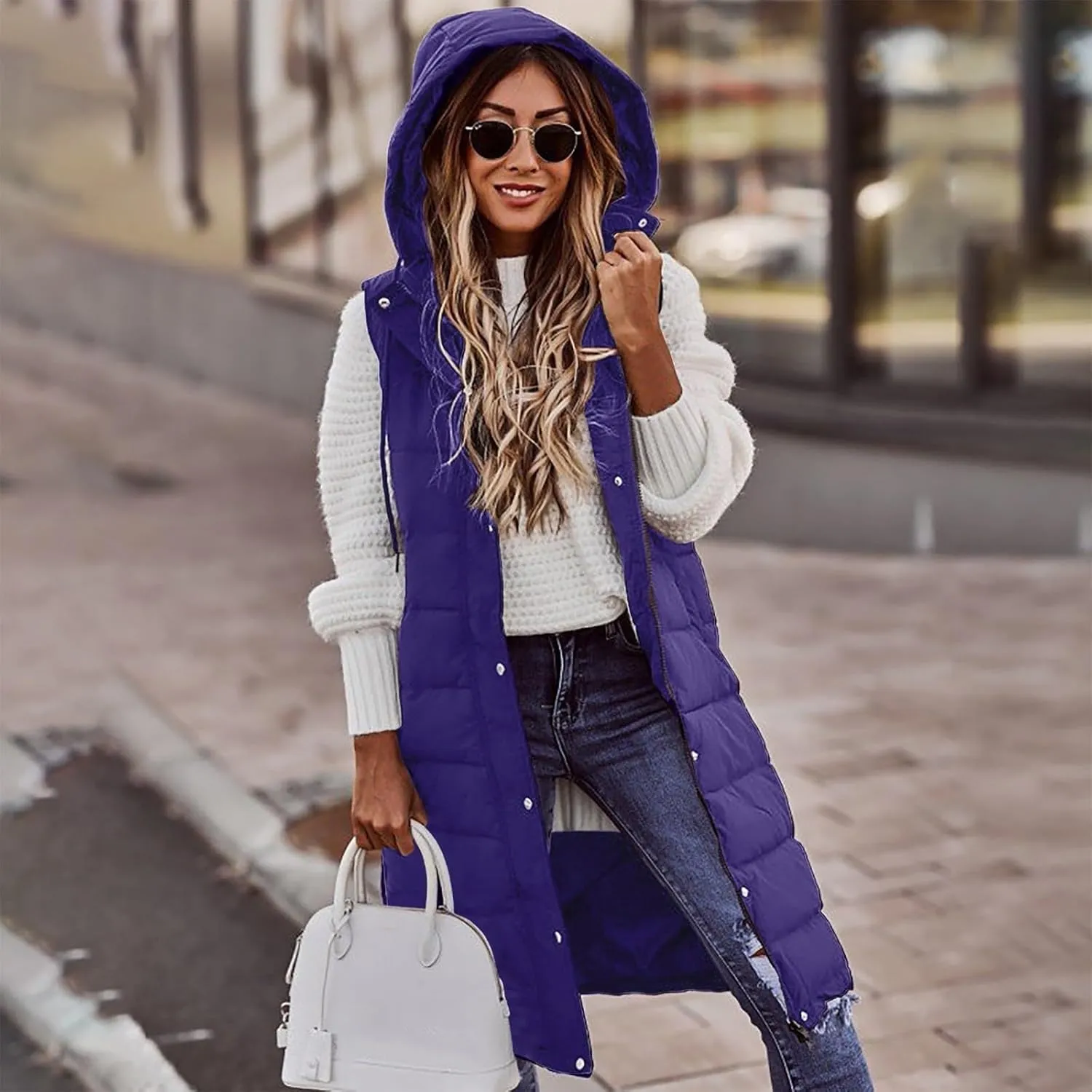 Long Vest for Women Sleeveless Women's Long Puffer Vest Winter Quilted Hooded Sleeveless Zip Up Button Long Jacket Vest