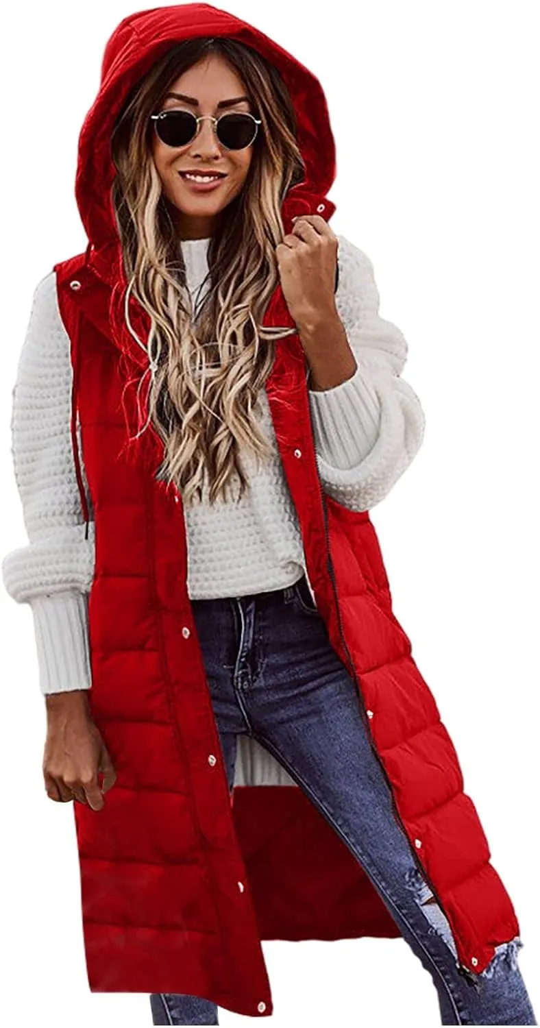 Long Vest for Women Sleeveless Women's Long Puffer Vest Winter Quilted Hooded Sleeveless Zip Up Button Long Jacket Vest