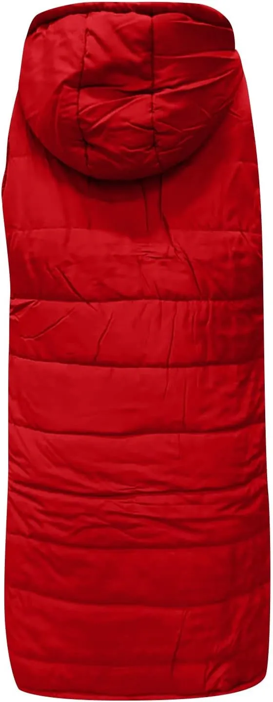 Long Vest for Women Sleeveless Women's Long Puffer Vest Winter Quilted Hooded Sleeveless Zip Up Button Long Jacket Vest