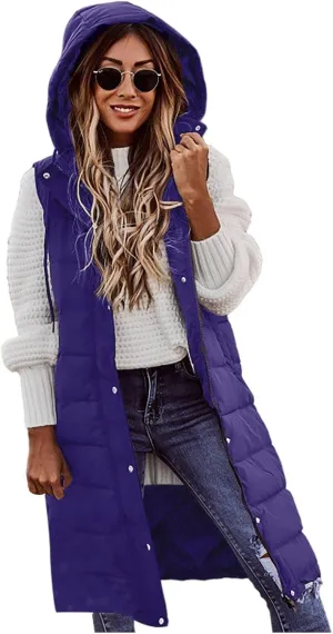 Long Vest for Women Sleeveless Women's Long Puffer Vest Winter Quilted Hooded Sleeveless Zip Up Button Long Jacket Vest