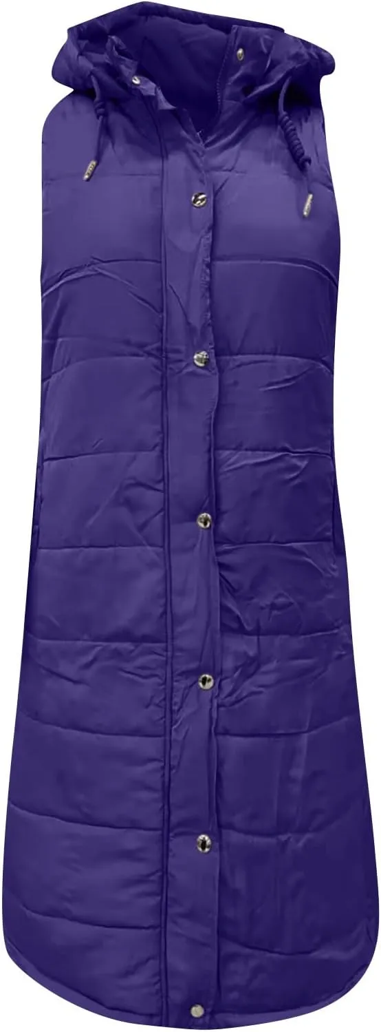 Long Vest for Women Sleeveless Women's Long Puffer Vest Winter Quilted Hooded Sleeveless Zip Up Button Long Jacket Vest