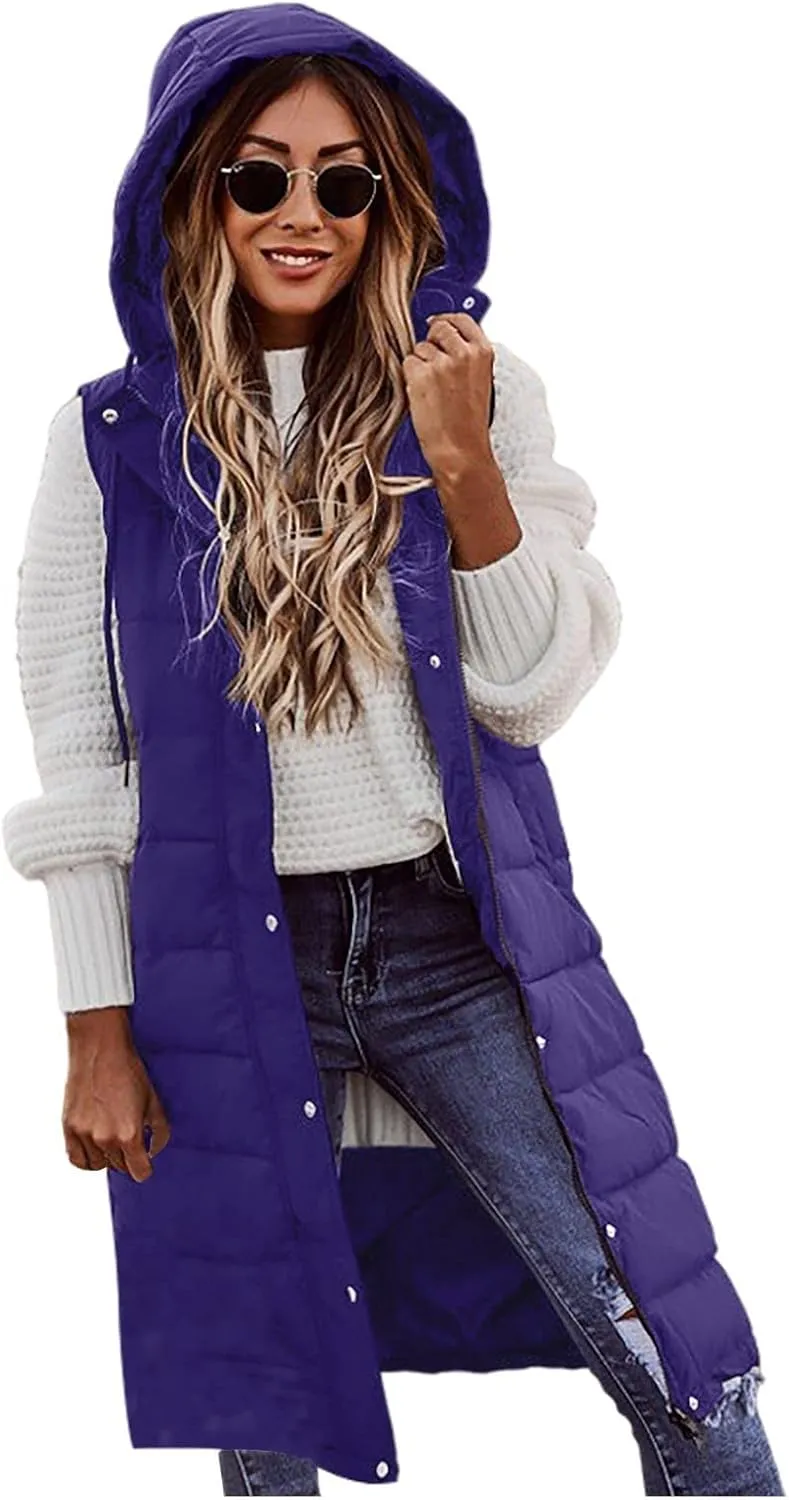 Long Vest for Women Sleeveless Women's Long Puffer Vest Winter Quilted Hooded Sleeveless Zip Up Button Long Jacket Vest