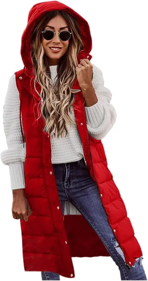 Long Vest for Women Sleeveless Women's Long Puffer Vest Winter Quilted Hooded Sleeveless Zip Up Button Long Jacket Vest