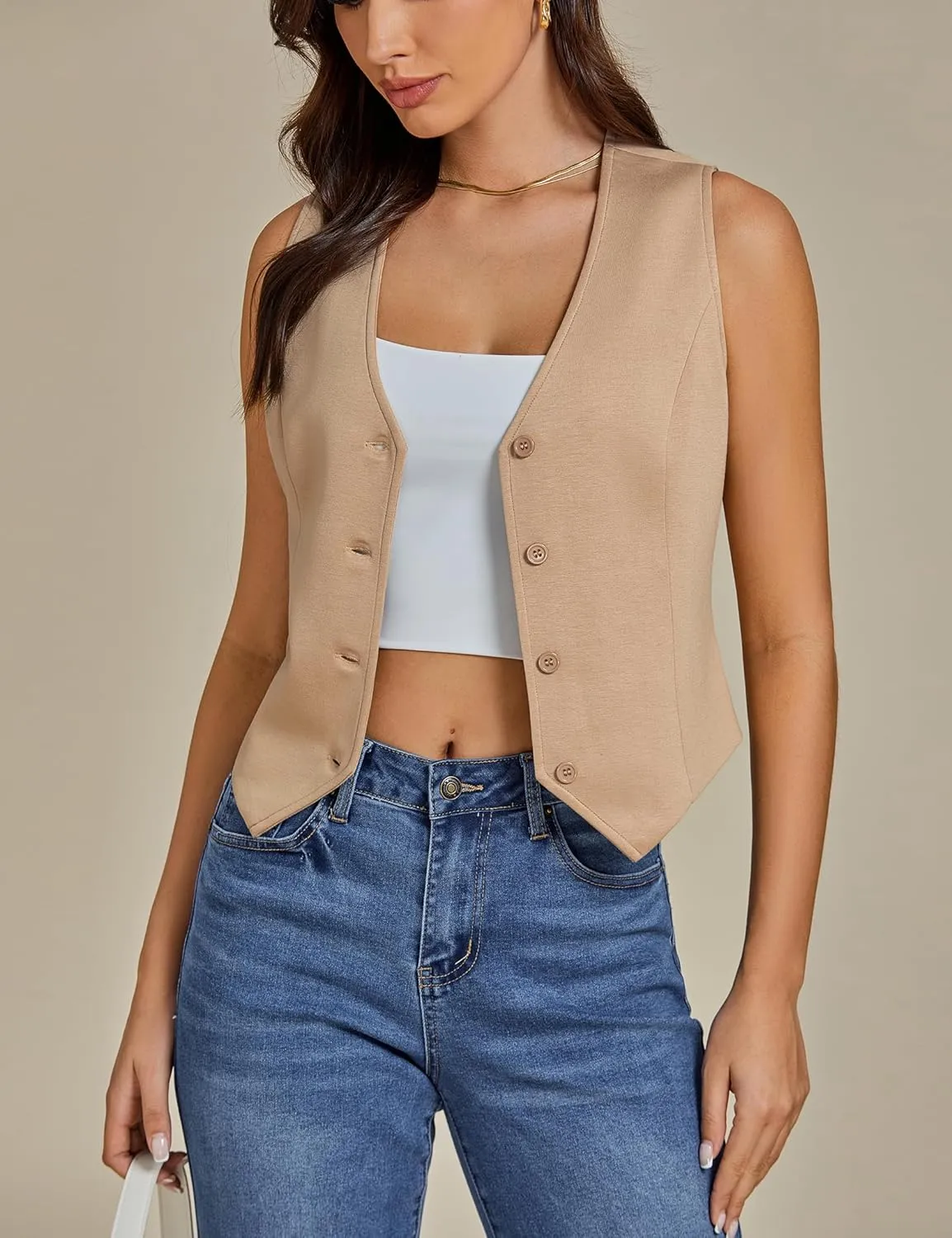 luvamia Vest Tops for Women Trendy Fashion Casual Summer Cropped Dressy Suit Vest Button Up Sleeveless Waistcoat Vests