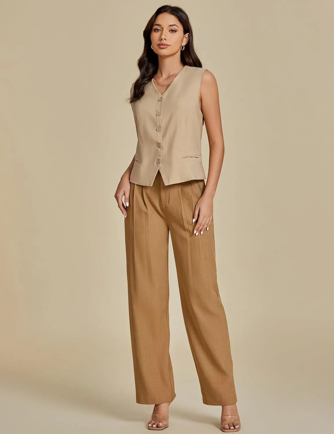 luvamia Womens Vests Linen Fashion Dressy Casual Lightweight Button Down Sleeveless Blazer Lined Work Waistcoat Vest Top
