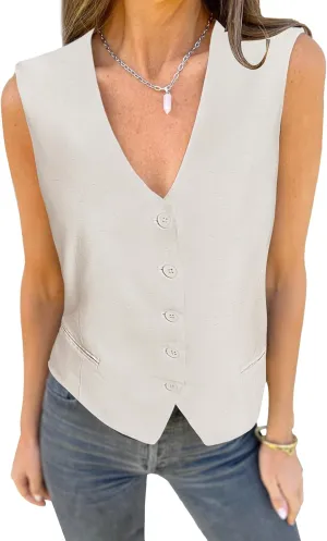 luvamia Womens Vests Linen Fashion Dressy Casual Lightweight Button Down Sleeveless Blazer Lined Work Waistcoat Vest Top