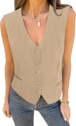 luvamia Womens Vests Linen Fashion Dressy Casual Lightweight Button Down Sleeveless Blazer Lined Work Waistcoat Vest Top