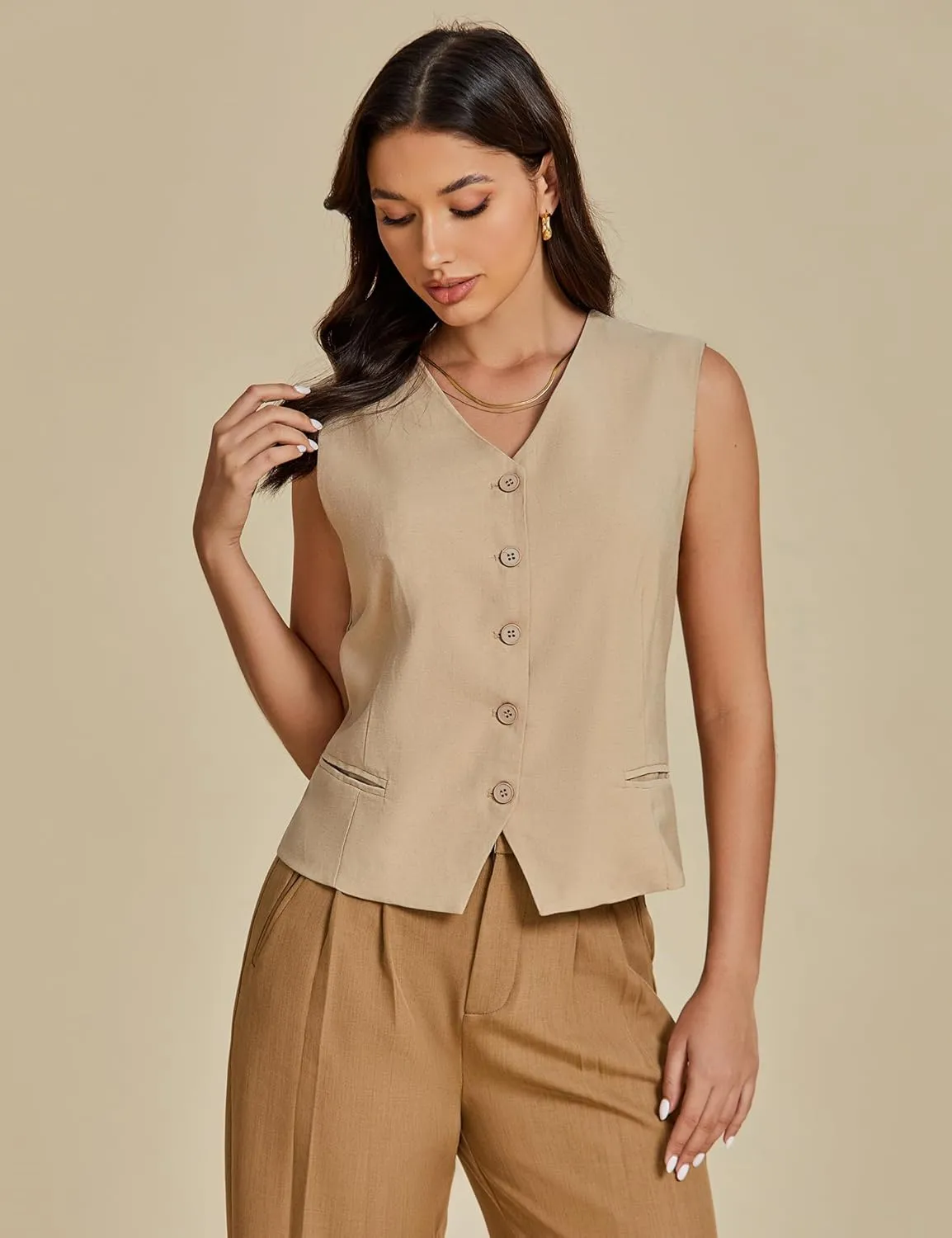 luvamia Womens Vests Linen Fashion Dressy Casual Lightweight Button Down Sleeveless Blazer Lined Work Waistcoat Vest Top
