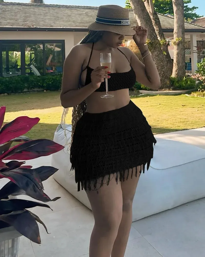 LVSANW 2024 Summer Beach Crochet Knitted Tassel 2 Piece Set Women Sexy Lace Up Halter Backless Camisole Crop Top Mini Skirts Suits