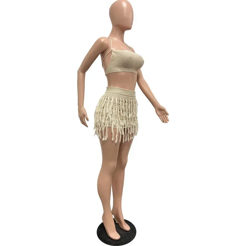 LVSANW 2024 Summer Beach Crochet Knitted Tassel 2 Piece Set Women Sexy Lace Up Halter Backless Camisole Crop Top Mini Skirts Suits