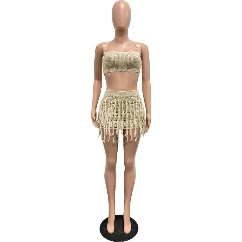 LVSANW 2024 Summer Beach Crochet Knitted Tassel 2 Piece Set Women Sexy Lace Up Halter Backless Camisole Crop Top Mini Skirts Suits