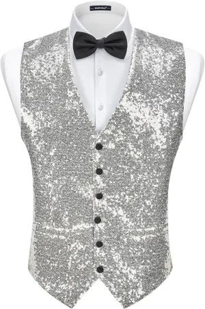 MAGE MALE Mens Sequins Suit Vest Formal V-neck Shiny Waistcoat Prom Party Tuxedo Vests