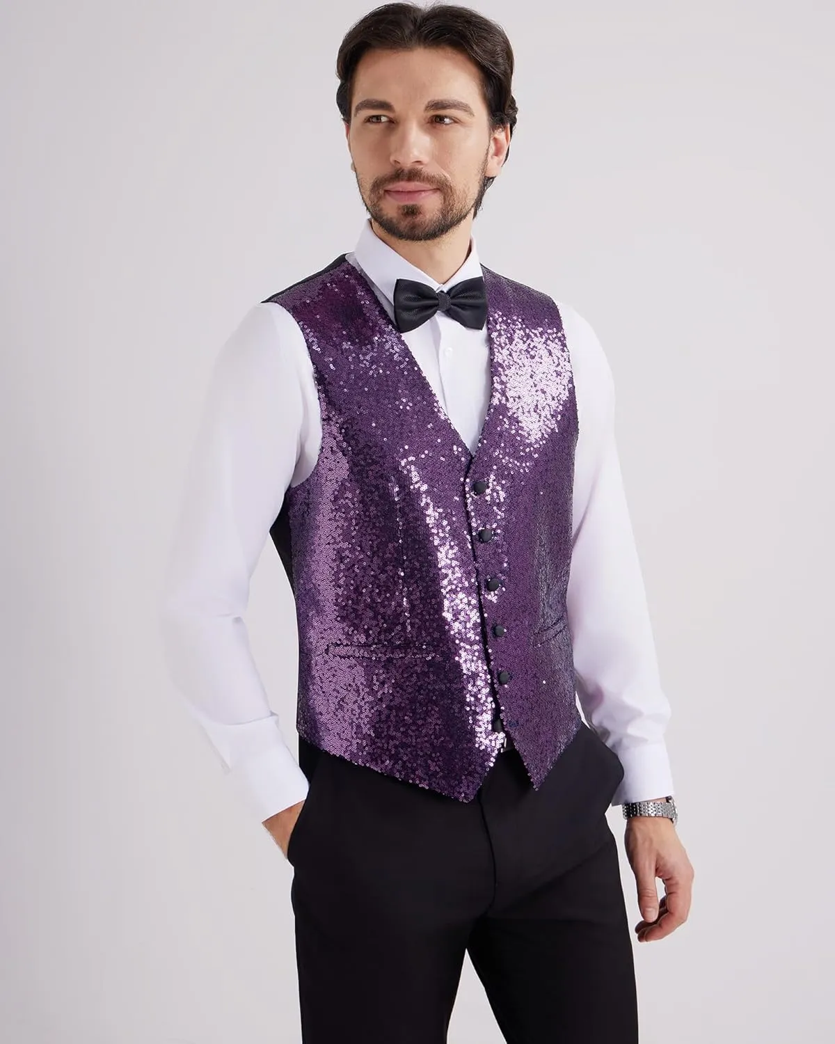 MAGE MALE Mens Sequins Suit Vest Formal V-neck Shiny Waistcoat Prom Party Tuxedo Vests
