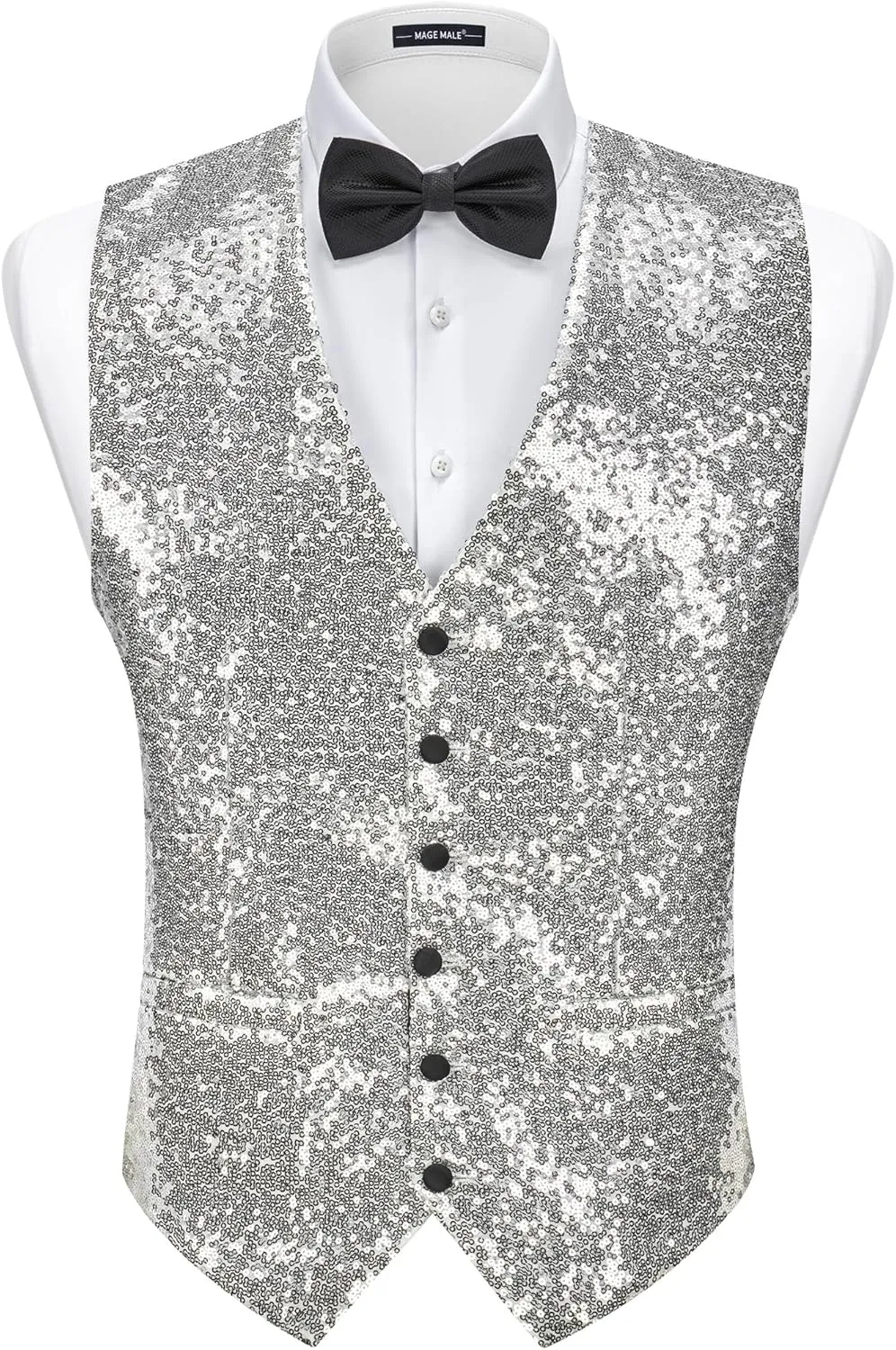 MAGE MALE Mens Sequins Suit Vest Formal V-neck Shiny Waistcoat Prom Party Tuxedo Vests