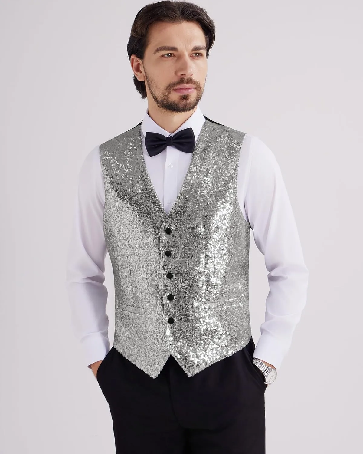 MAGE MALE Mens Sequins Suit Vest Formal V-neck Shiny Waistcoat Prom Party Tuxedo Vests