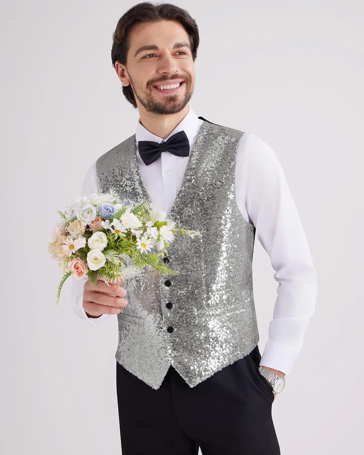 MAGE MALE Mens Sequins Suit Vest Formal V-neck Shiny Waistcoat Prom Party Tuxedo Vests
