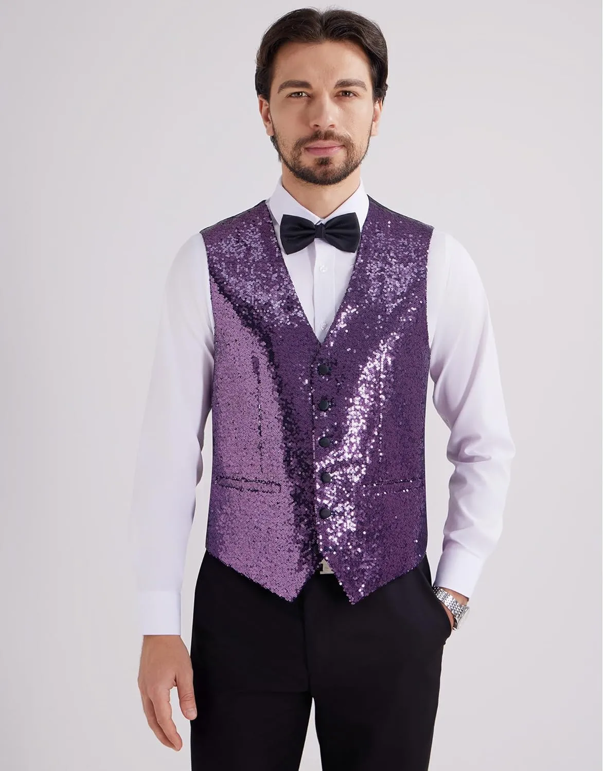 MAGE MALE Mens Sequins Suit Vest Formal V-neck Shiny Waistcoat Prom Party Tuxedo Vests