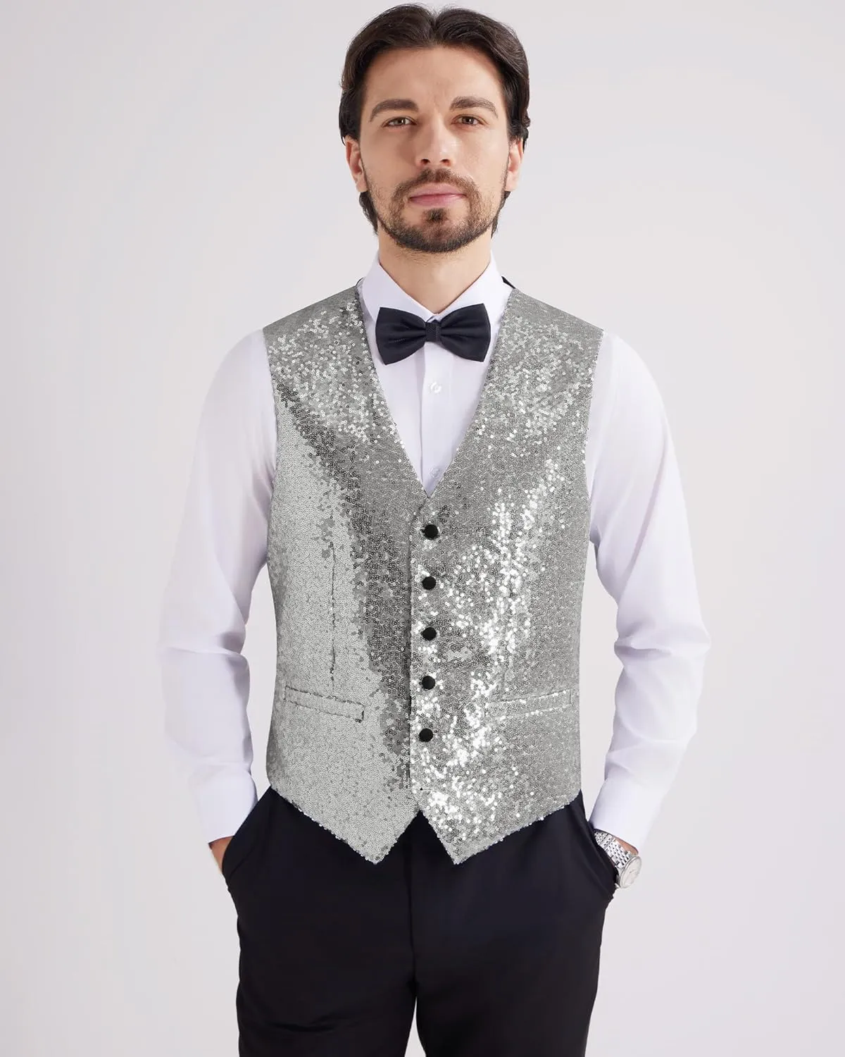MAGE MALE Mens Sequins Suit Vest Formal V-neck Shiny Waistcoat Prom Party Tuxedo Vests