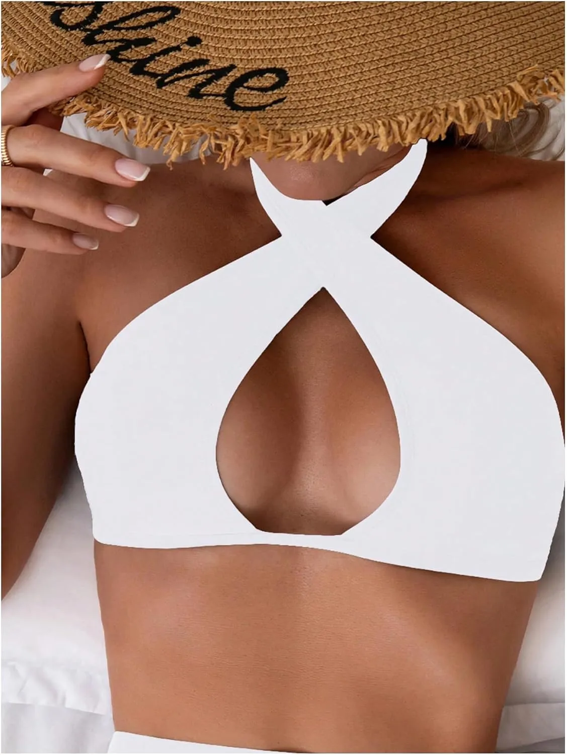 MakeMeChic Women's Halter Bikini Tops Criss Cross Cut Out Tie Backless Summer Swim Top