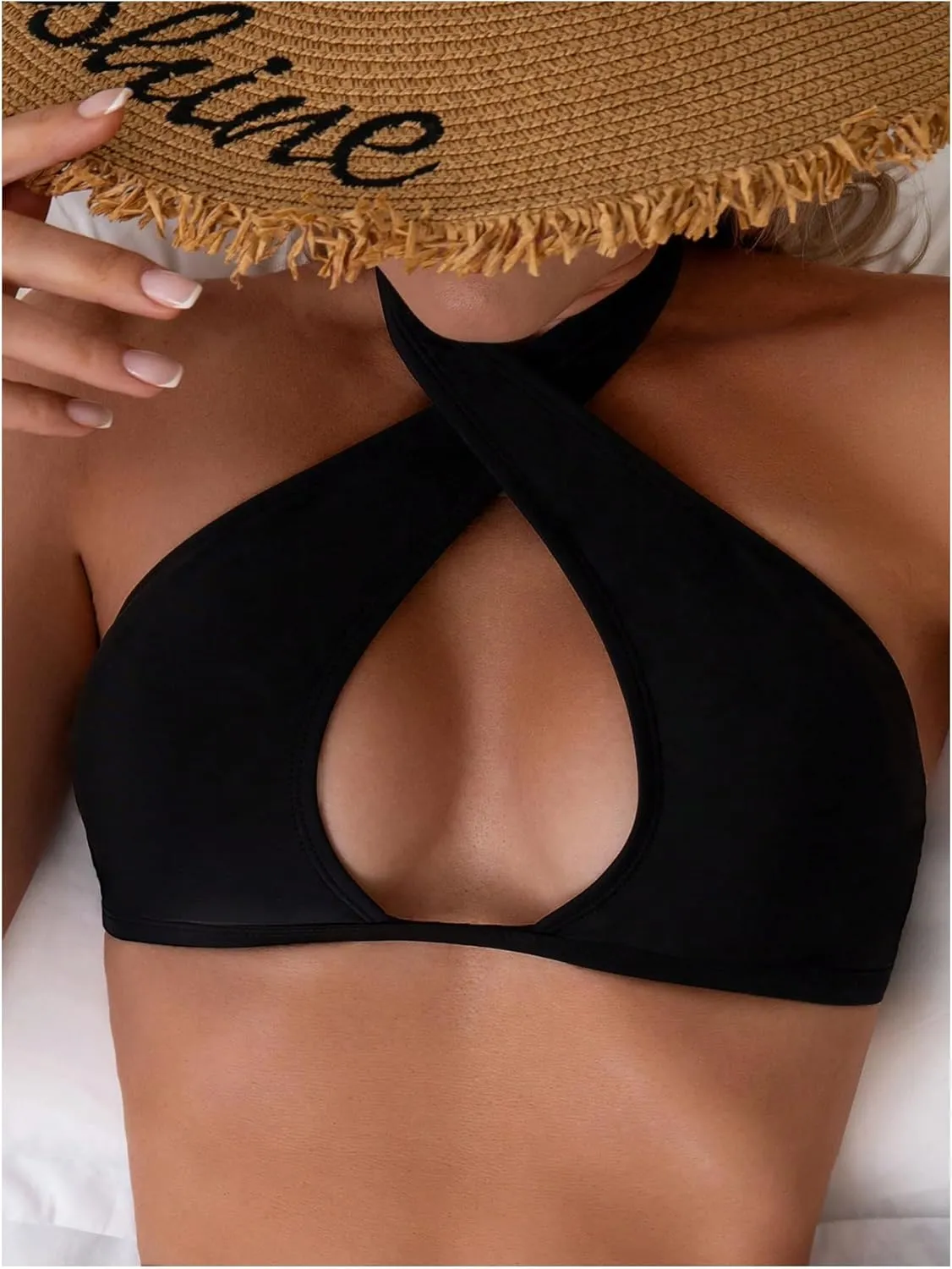MakeMeChic Women's Halter Bikini Tops Criss Cross Cut Out Tie Backless Summer Swim Top