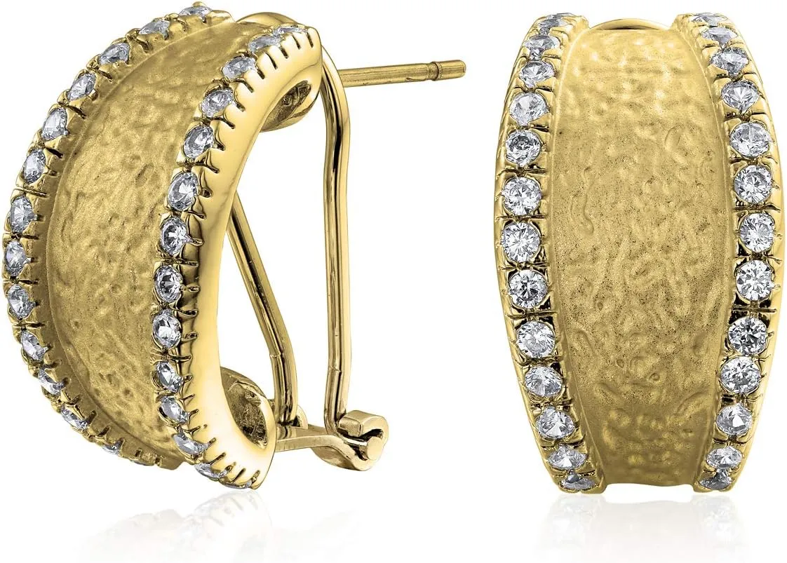 Matte HaMMered Fashion Shrimp Half Hoop Earrings for Women with Cubic Zirconia Pave Edge CZ Accent Silver Gold Plated Stabilizing Omega Clip