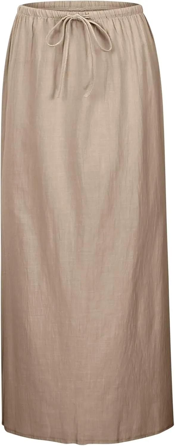 Maxi Skirts for Women Summer Trendy Linen Beach Casual Dresses Low Waist Drawstring Cute Boho Flowy Long A Line Skirt