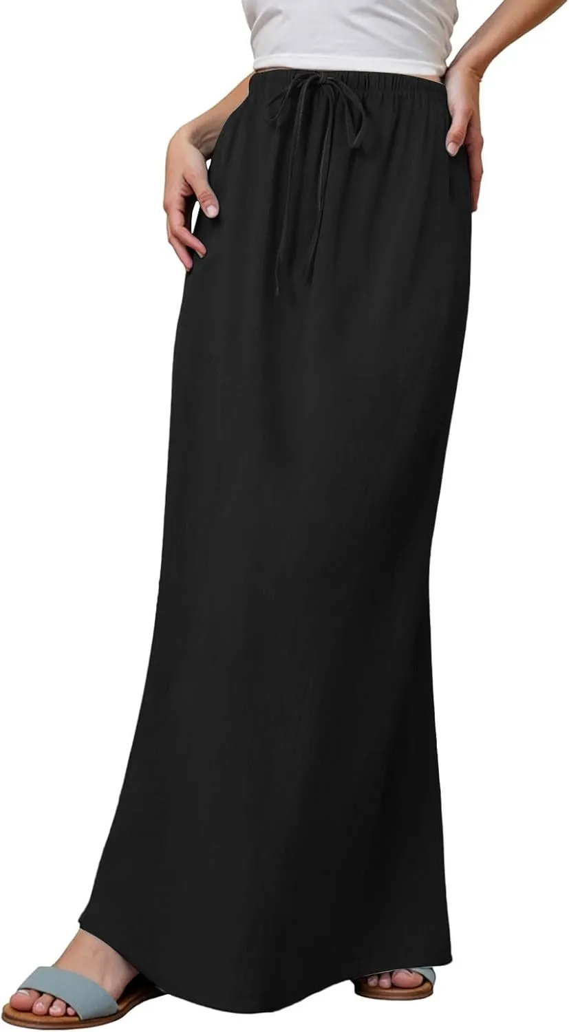 Maxi Skirts for Women Summer Trendy Linen Beach Casual Dresses Low Waist Drawstring Cute Boho Flowy Long A Line Skirt