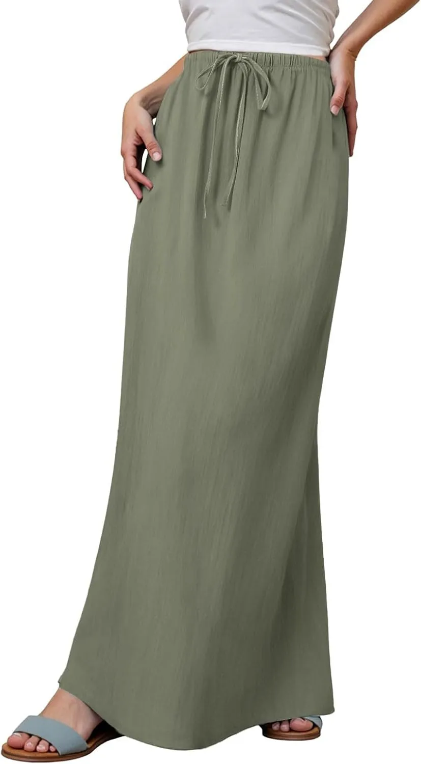 Maxi Skirts for Women Summer Trendy Linen Beach Casual Dresses Low Waist Drawstring Cute Boho Flowy Long A Line Skirt