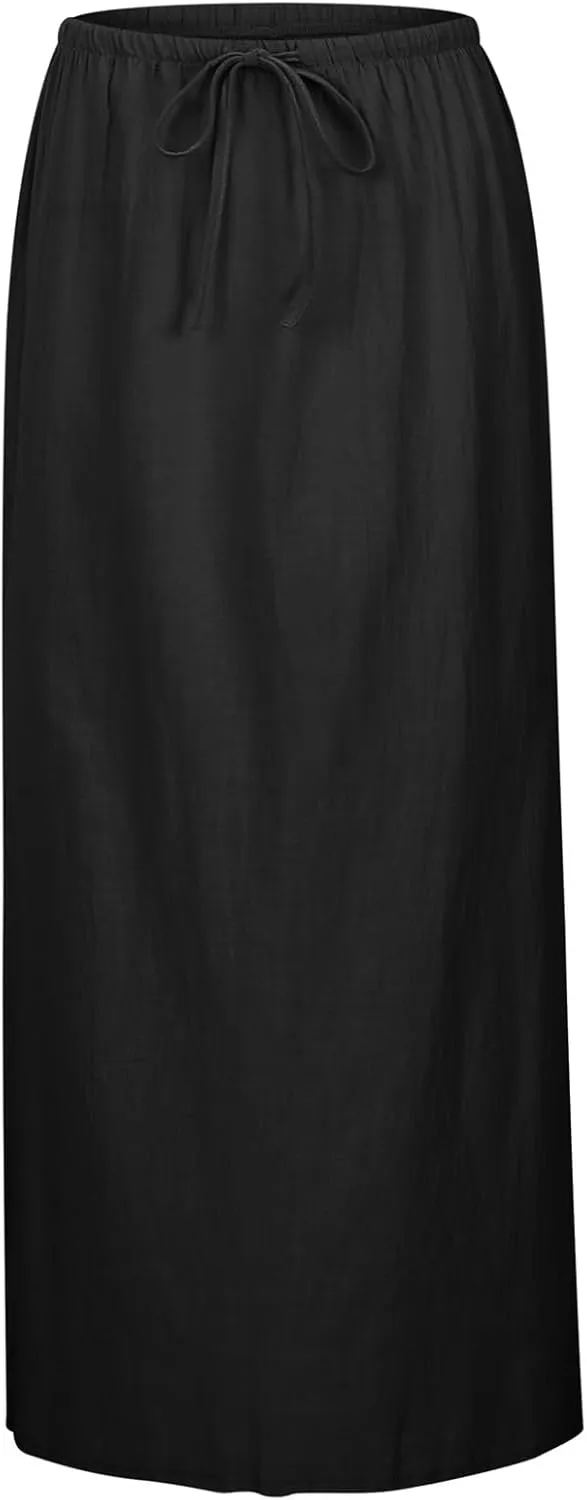 Maxi Skirts for Women Summer Trendy Linen Beach Casual Dresses Low Waist Drawstring Cute Boho Flowy Long A Line Skirt