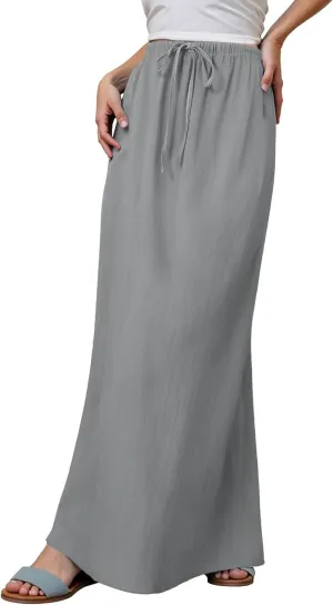Maxi Skirts for Women Summer Trendy Linen Beach Casual Dresses Low Waist Drawstring Cute Boho Flowy Long A Line Skirt