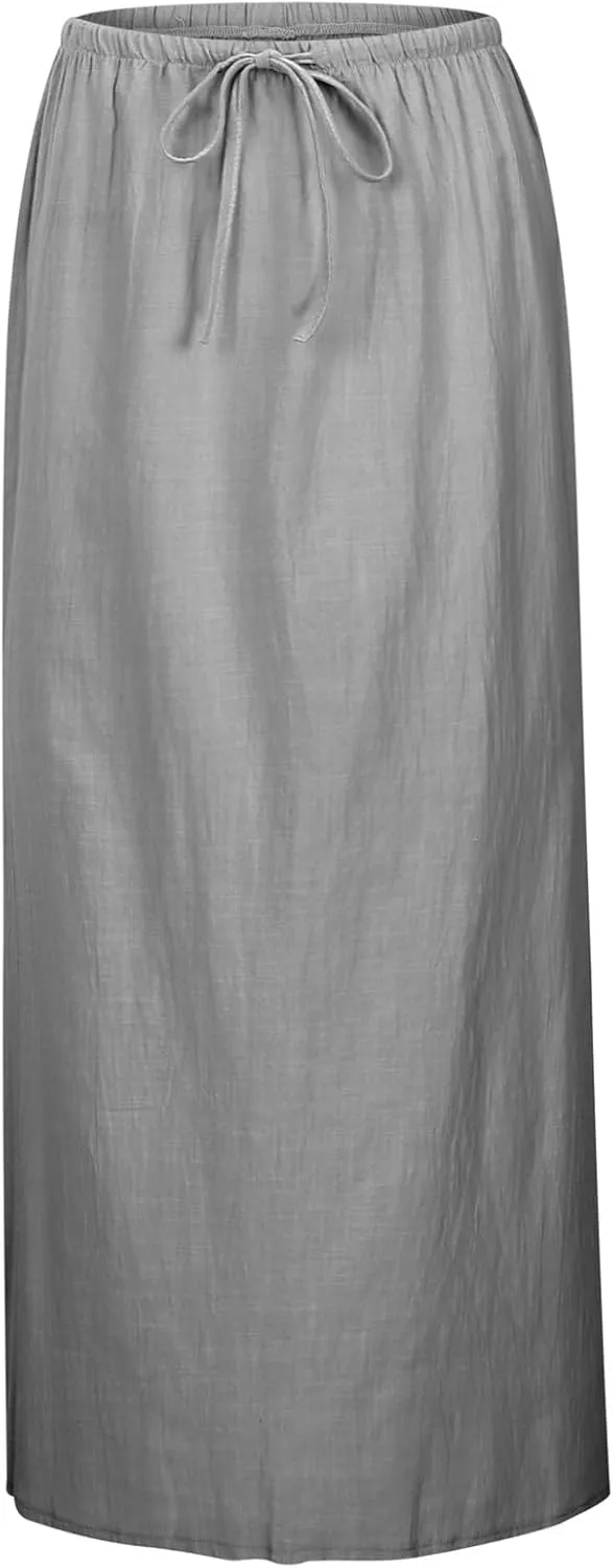 Maxi Skirts for Women Summer Trendy Linen Beach Casual Dresses Low Waist Drawstring Cute Boho Flowy Long A Line Skirt