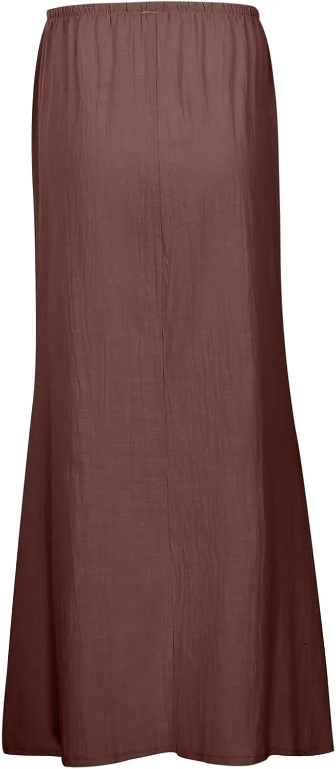 Maxi Skirts for Women Summer Trendy Linen Beach Casual Dresses Low Waist Drawstring Cute Boho Flowy Long A Line Skirt
