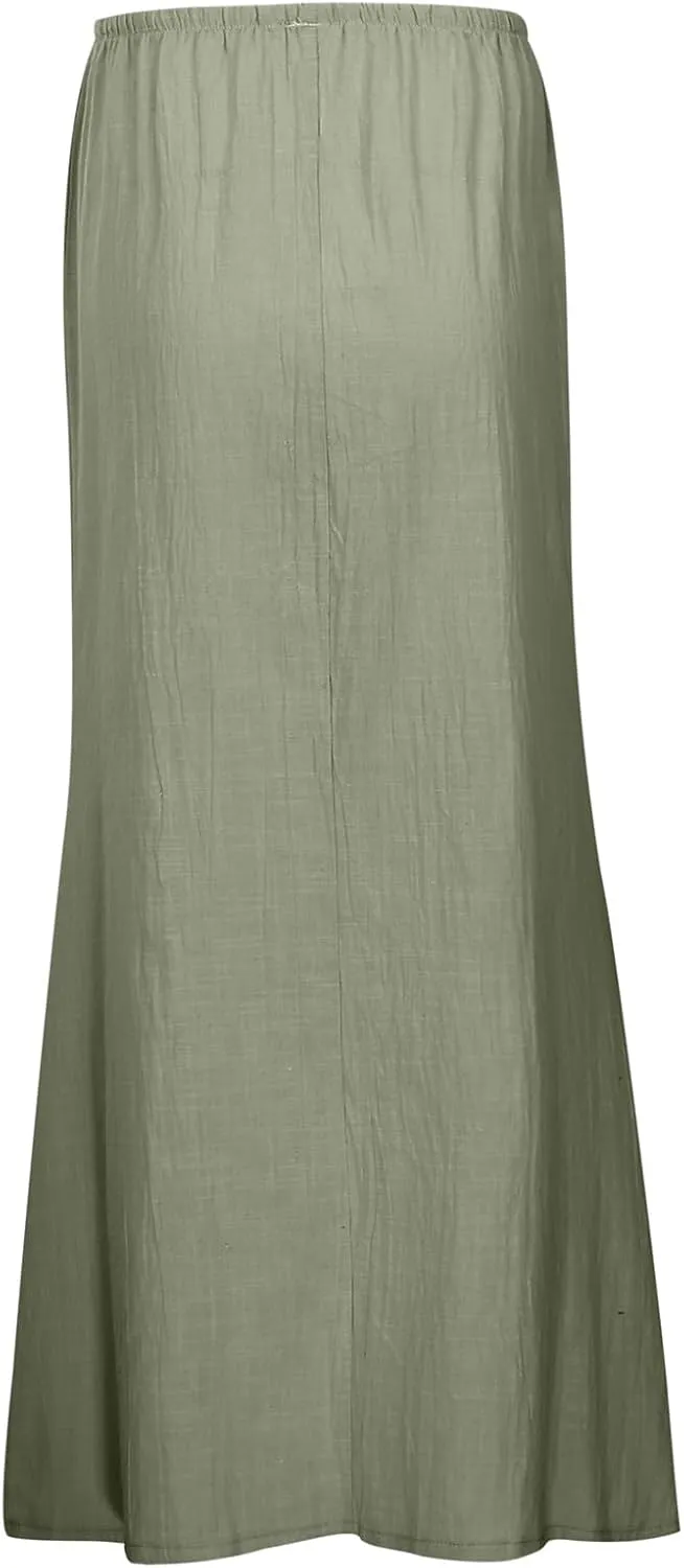Maxi Skirts for Women Summer Trendy Linen Beach Casual Dresses Low Waist Drawstring Cute Boho Flowy Long A Line Skirt